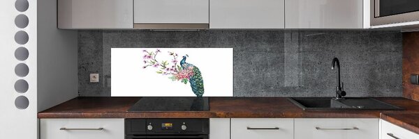 Panou sticlă decorativa bucătărie Peacock și flori