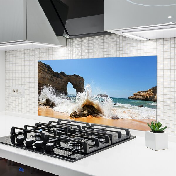 Panou sticla bucatarie Sea Beach Peisaj Brun Alb Galben