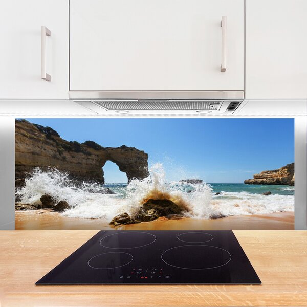 Panou sticla bucatarie Sea Beach Peisaj Brun Alb Galben
