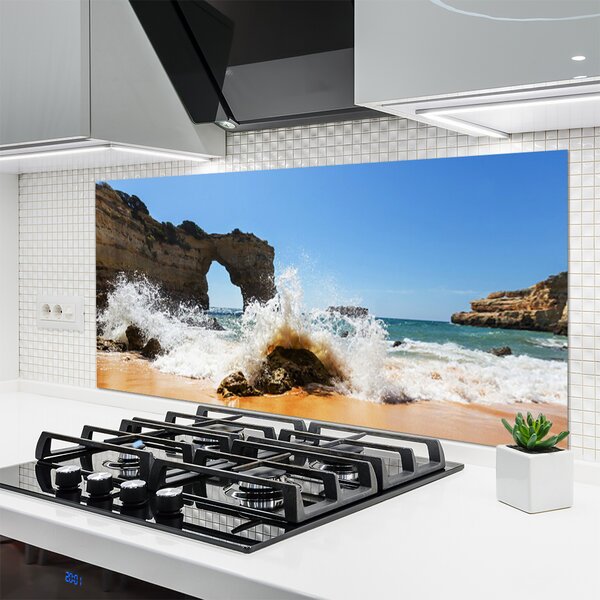 Panou sticla bucatarie Sea Beach Peisaj Brun Alb Galben