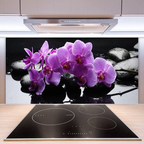 Panou sticla bucatarie Pietrele florale flori roz negru