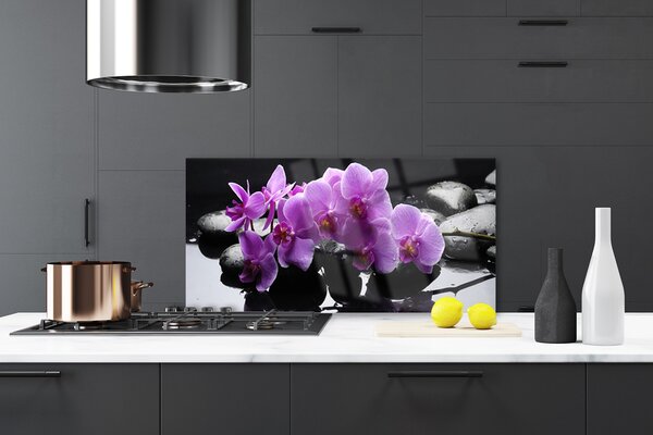 Panou sticla bucatarie Pietrele florale flori roz negru