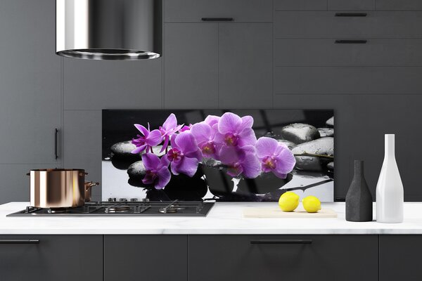 Panou sticla bucatarie Pietrele florale flori roz negru
