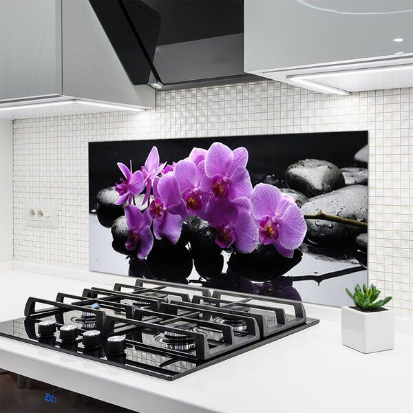 Panou sticla bucatarie Pietrele florale flori roz negru