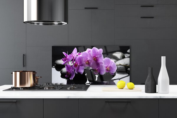 Panou sticla bucatarie Pietrele florale flori roz negru