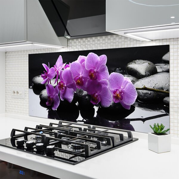 Panou sticla bucatarie Pietrele florale flori roz negru