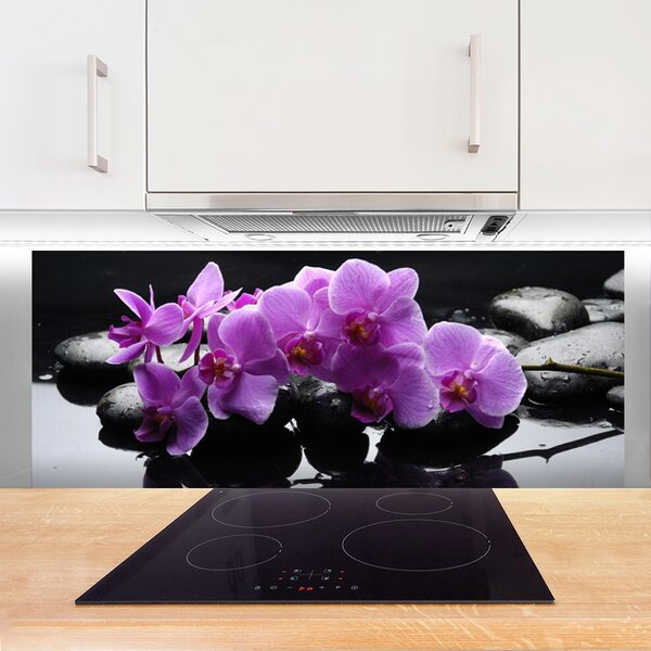 Panou sticla bucatarie Pietrele florale flori roz negru