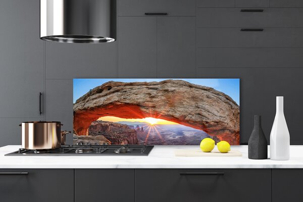 Panou sticla bucatarie Rock Sun Peisaj Gri Portocaliu Galben