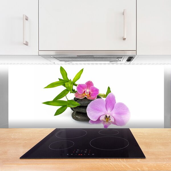 Panou sticla bucatarie Pietrele florale flori roz negru
