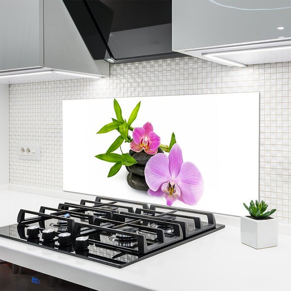 Panou sticla bucatarie Pietrele florale flori roz negru