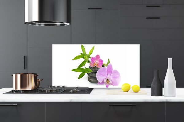 Panou sticla bucatarie Pietrele florale flori roz negru