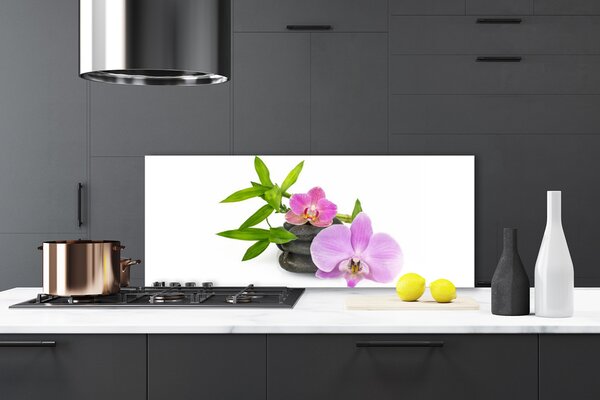 Panou sticla bucatarie Pietrele florale flori roz negru