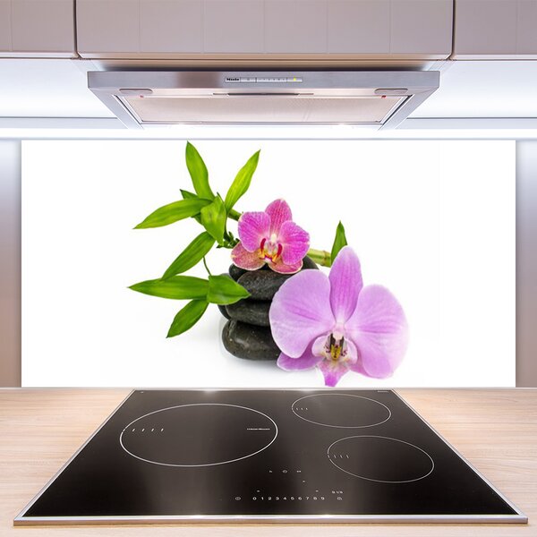 Panou sticla bucatarie Pietrele florale flori roz negru