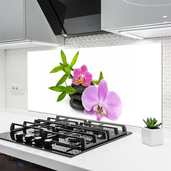 Panou sticla bucatarie Pietrele florale flori roz negru