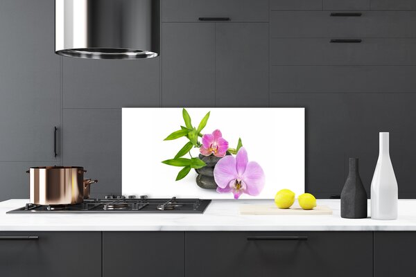 Panou sticla bucatarie Pietrele florale flori roz negru