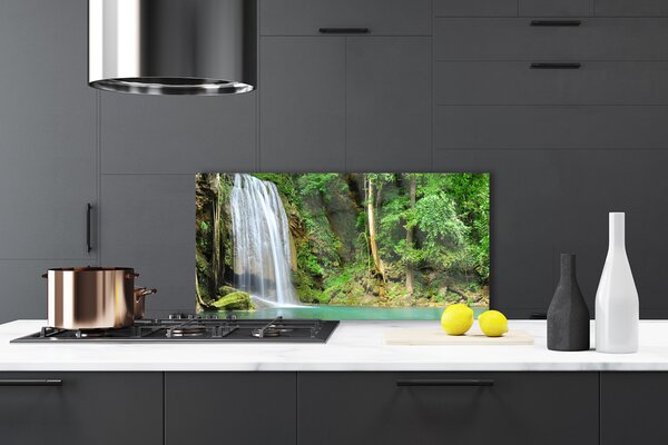Panou sticla bucatarie Cascada Pădure Natura Alb Albastru Maro Verde