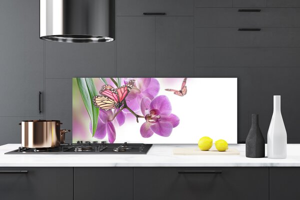 Panou sticla bucatarie Fluturi Flori Natura Galben Roz Gri
