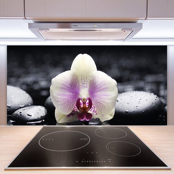 Panou sticla bucatarie Pietrele florale flori roz alb negru