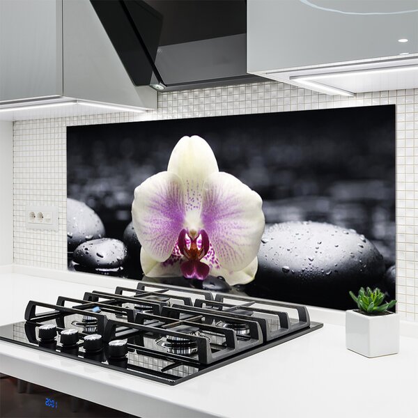 Panou sticla bucatarie Pietrele florale flori roz alb negru