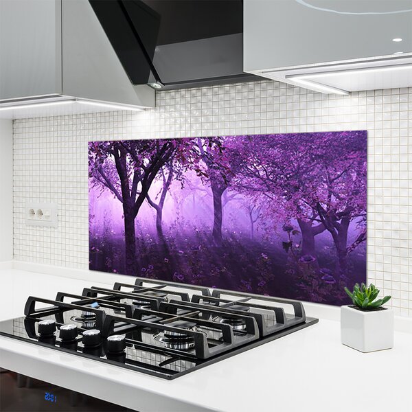 Panou sticla bucatarie Copaci Natura violet roz