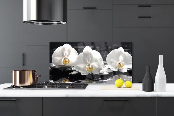 Panou sticla bucatarie Pietre florale flori alb negru