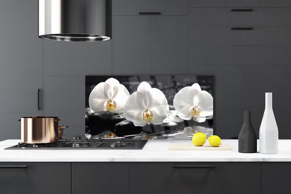 Panou sticla bucatarie Pietre florale flori alb negru