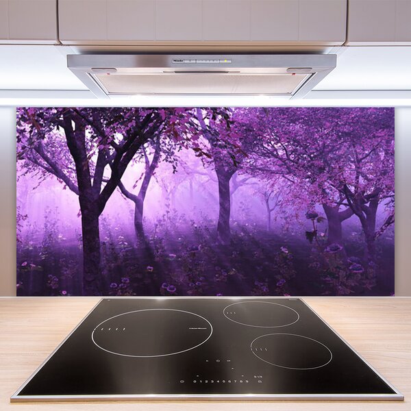 Panou sticla bucatarie Copaci Natura violet roz