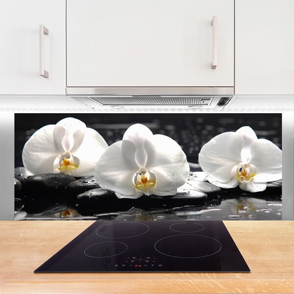 Panou sticla bucatarie Pietre florale flori alb negru
