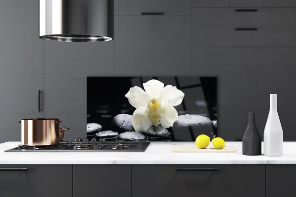 Panou sticla bucatarie Pietre florale flori alb negru