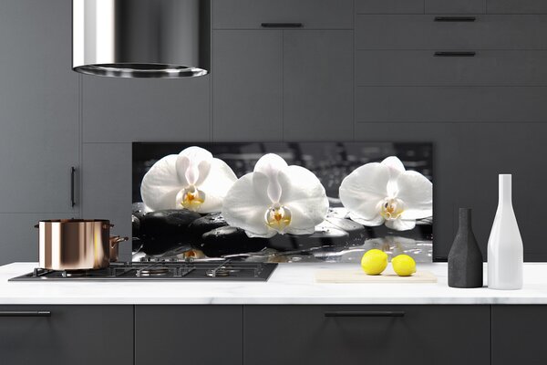 Panou sticla bucatarie Pietre florale flori alb negru