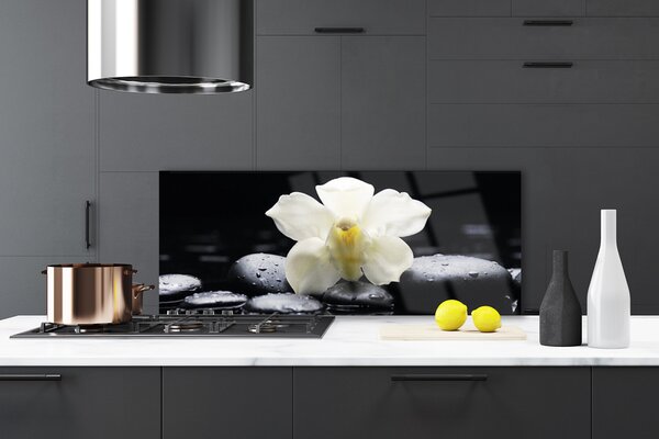 Panou sticla bucatarie Pietre florale flori alb negru