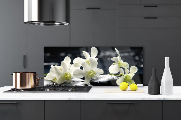Panou sticla bucatarie Pietre florale flori alb negru