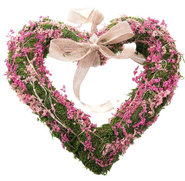 Inimă suspendată din mușchi cu flori uscate, roz, 25 x 3,5 cm