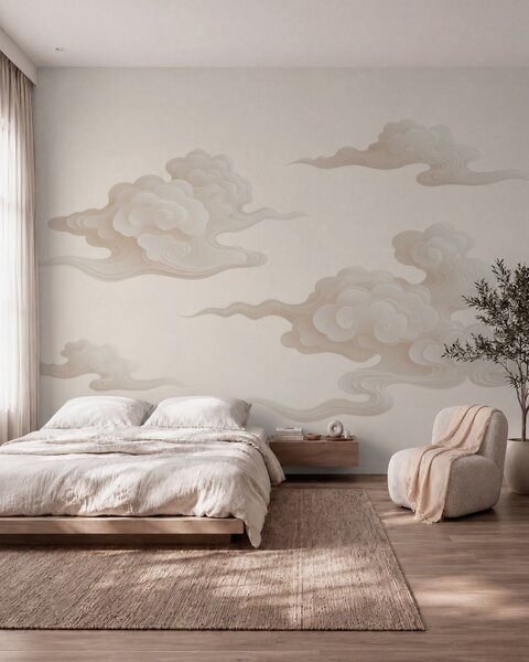 Tapet Nori orientali în stil minimalist, în nuanțe de bej-crem, Fototapet în stil oriental, w10036 : Uwalls.ro