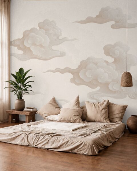 Tapet Nori orientali în stil minimalist, în nuanțe de bej-crem, Fototapet în stil oriental, w10036 : Uwalls.ro