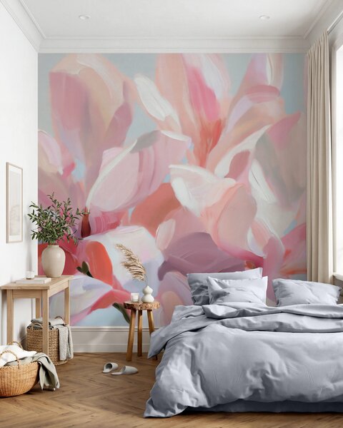 Tapet Prim-plan cu o magnolie roz, realizat cu o tehnică picturală delicată, de imitație, Fototapet Flori, w10043 : Uwalls.ro