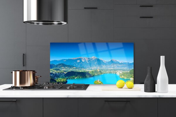 Panou sticla bucatarie Mountain Lake Peisaj Gri Albastru Verde