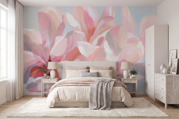 Tapet Prim-plan cu o magnolie roz, realizat cu o tehnică picturală delicată, de imitație, Fototapet Flori, w10043 : Uwalls.ro