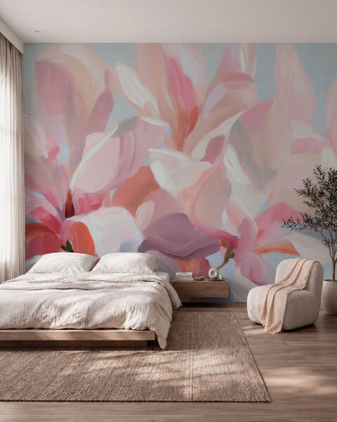 Tapet Prim-plan cu o magnolie roz, realizat cu o tehnică picturală delicată, de imitație, Fototapet Flori, w10043 : Uwalls.ro