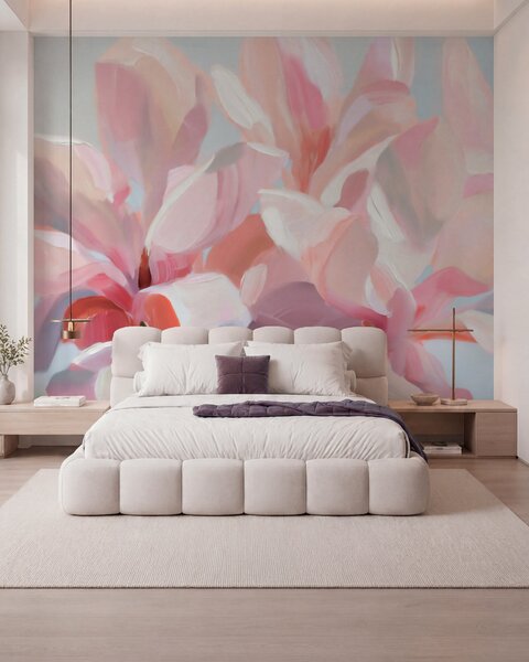 Tapet Prim-plan cu o magnolie roz, realizat cu o tehnică picturală delicată, de imitație, Fototapet Flori, w10043 : Uwalls.ro
