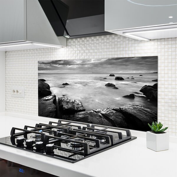 Panou sticla bucatarie Rock Sea Peisaj Gray