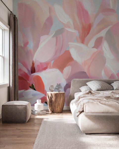 Tapet Prim-plan cu o magnolie roz, realizat cu o tehnică picturală delicată, de imitație, Fototapet Flori, w10043 : Uwalls.ro