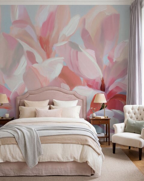 Tapet Prim-plan cu o magnolie roz, realizat cu o tehnică picturală delicată, de imitație, Fototapet Flori, w10043 : Uwalls.ro