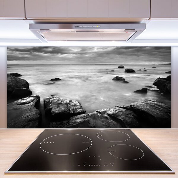 Panou sticla bucatarie Rock Sea Peisaj Gray