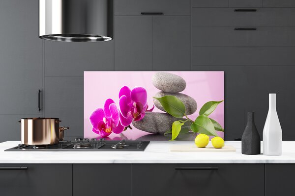 Panou sticla bucatarie Pietrele florale flori roz gri