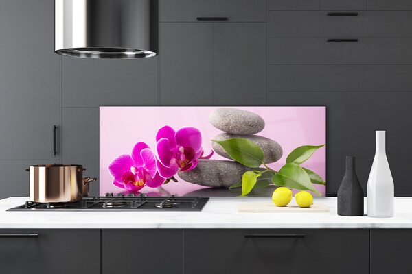 Panou sticla bucatarie Pietrele florale flori roz gri