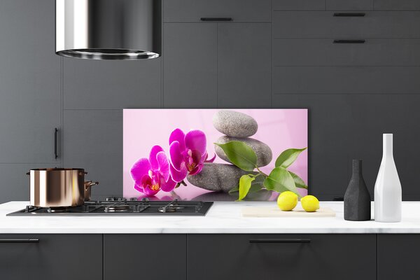 Panou sticla bucatarie Pietrele florale flori roz gri