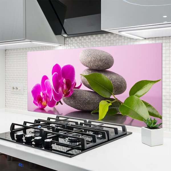 Panou sticla bucatarie Pietrele florale flori roz gri