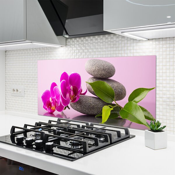 Panou sticla bucatarie Pietrele florale flori roz gri
