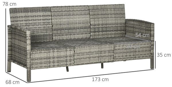 Outsunny Canapea pentru Exterior Gradina sau Terasa cu 3 locuri dim Ratan cu perne si dungi, Gri 173x68x78cm | Aosom Romania